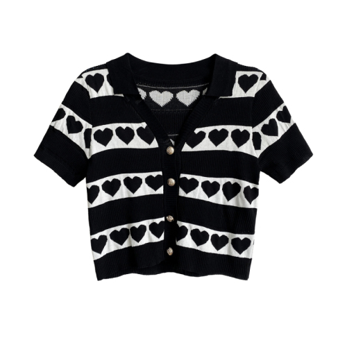 Love polo collar knitted cardigan slim short ice silk short sleeve T-shirt
