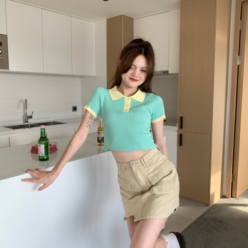 Real price color contrast polo collar high waist knitted T-shirt