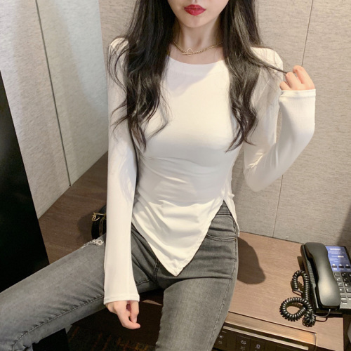 New design of spring clothing  small crowd side split irregular long sleeve T-shirt for women