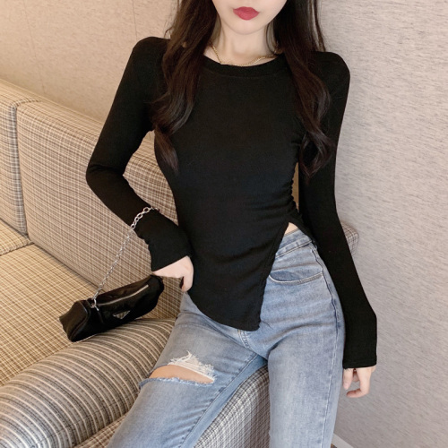 New design of spring clothing  small crowd side split irregular long sleeve T-shirt for women