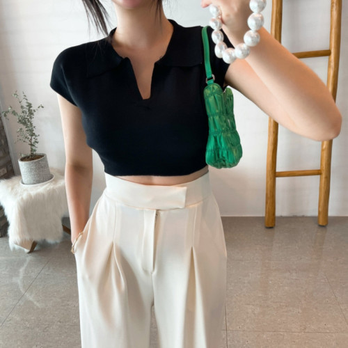 Korean summer simple Lapel slim casual casual casual casual short leakage navel T-shirt girl