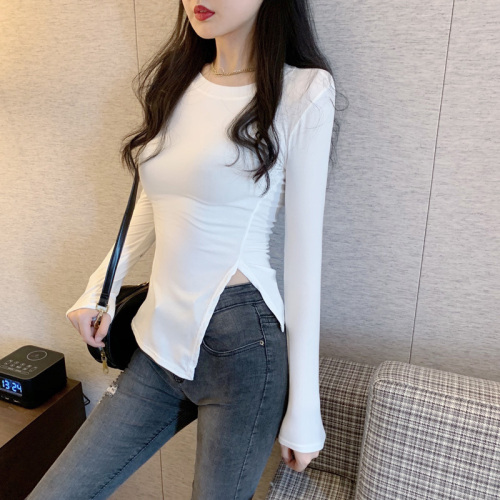 New design of spring clothing  small crowd side split irregular long sleeve T-shirt for women