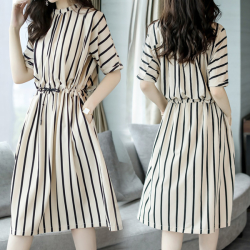 Vertical stripe dress women's summer 2021 Korean waist style fashion casual loose medium length