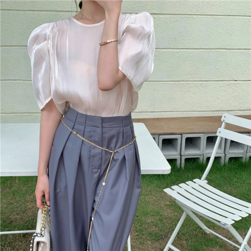Real shot real price glossy bubble sleeve shirt + leg length Retro High Waist casual suit pants