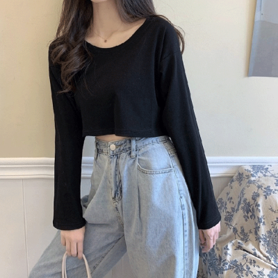 2021 autumn new Korean loose round neck solid color high waist short long sleeve T-shirt women's top fashion