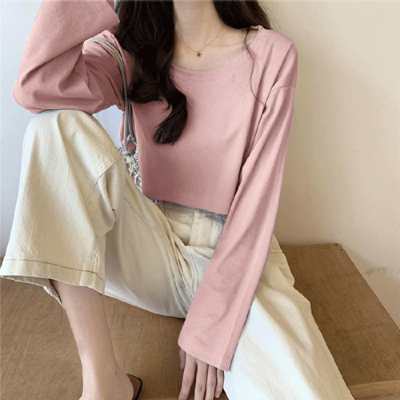 2021 autumn new Korean loose round neck solid color high waist short long sleeve T-shirt women's top fashion