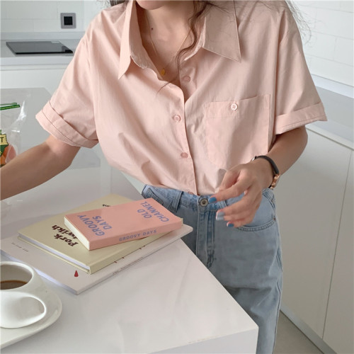 Real price simple and versatile solid Korean Short Sleeve Shirt tricolor