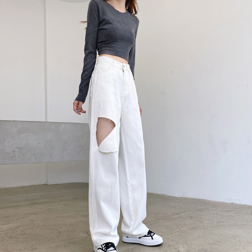 Women's summer white 2021 new high waist straight tube loose and thin wide leg drooping floor pants