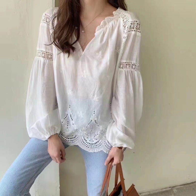Retro niche design V-neck embroidery hollow out loose long sleeve shirt western style sunscreen top