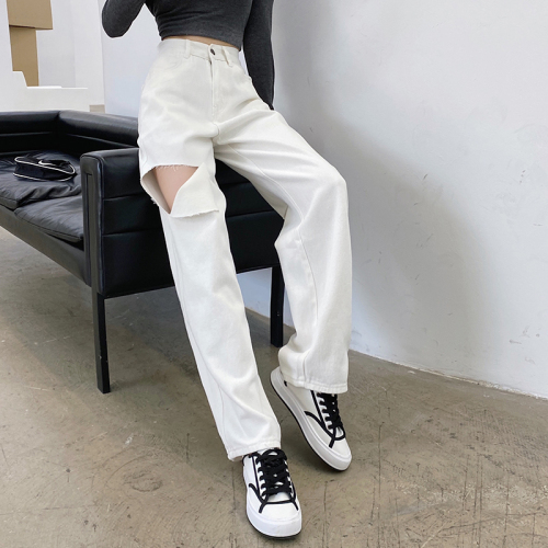 Women's summer white 2021 new high waist straight tube loose and thin wide leg drooping floor pants