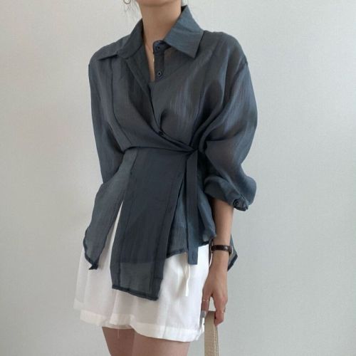 Korean chic design irregular button down Lapel long sleeve shirt feminine simple shirt
