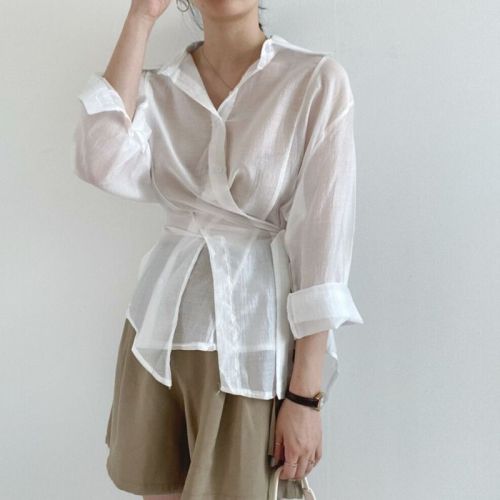 Korean chic design irregular button down Lapel long sleeve shirt feminine simple shirt