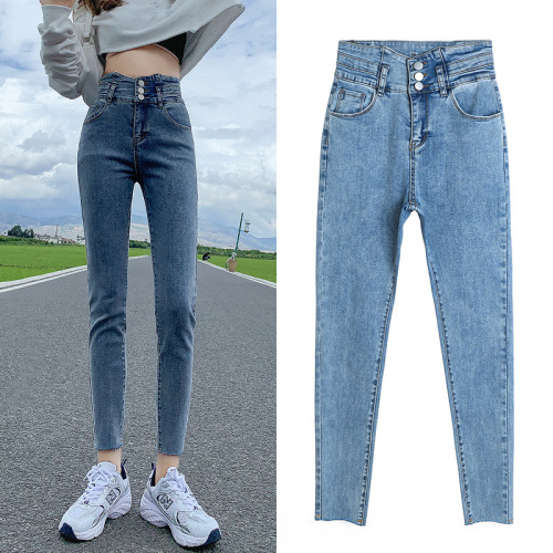 Real photo light color jeans women's high waist show thin 2021 summer thin stretch small foot pencil Capris