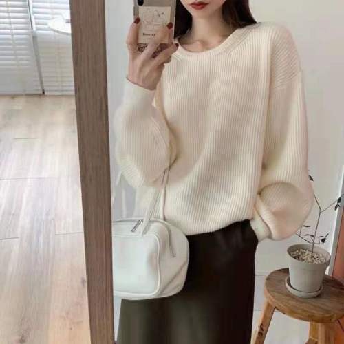 Lazy style Korean Pullover women's autumn 2021 new loose thin chic solid color sweater sweater