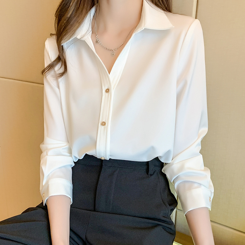 High end Satin shirt women's spring loose long sleeve air vertical shirt metal button fashion thin chiffon shirt
