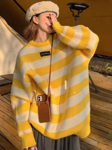 Slouchy striped sweater for women's loose fitting and thickened 2021 new Korean Japanese Pullover Knitted Top