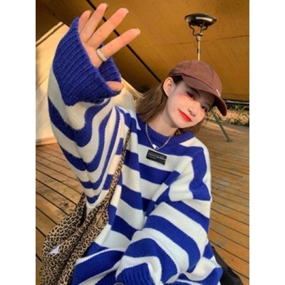 Slouchy striped sweater for women's loose fitting and thickened 2021 new Korean Japanese Pullover Knitted Top