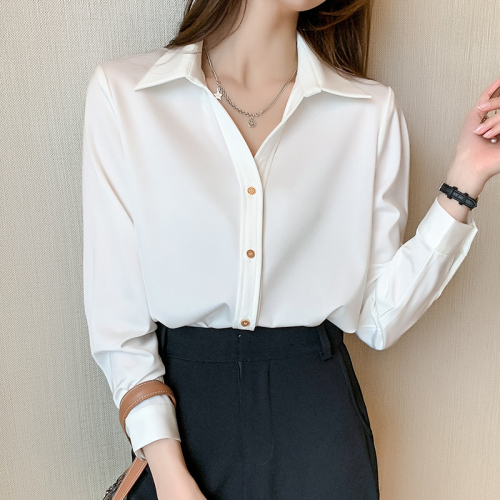 High end Satin shirt women's spring loose long sleeve air vertical shirt metal button fashion thin chiffon shirt