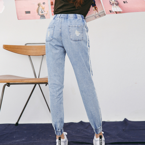 Real shot high waist jeans with holes for women's summer new Korean versatile Capris elastic high waist legged Harem Pants