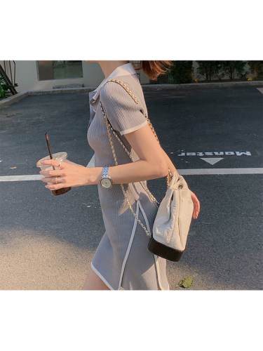 Daxin kiss college style slim polo collar knitted dress women's summer small thin ice silk skirt