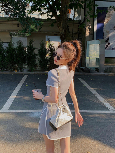 Daxin kiss college style slim polo collar knitted dress women's summer small thin ice silk skirt