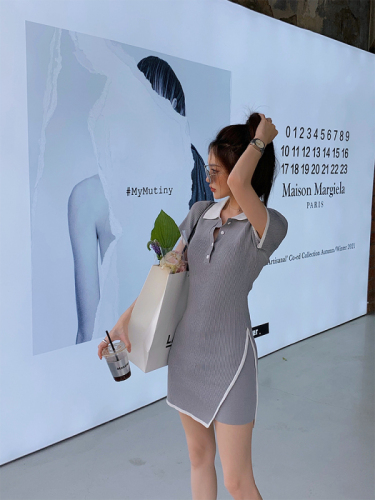 Daxin kiss college style slim polo collar knitted dress women's summer small thin ice silk skirt