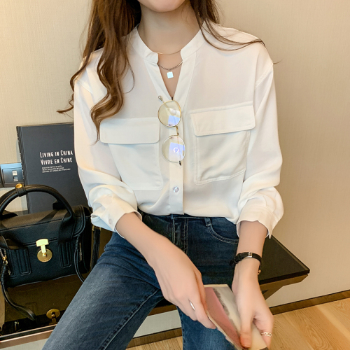 ~Shirting women's autumn 2021 new style foreign style loose design niche V-neck chiffon shirt white top