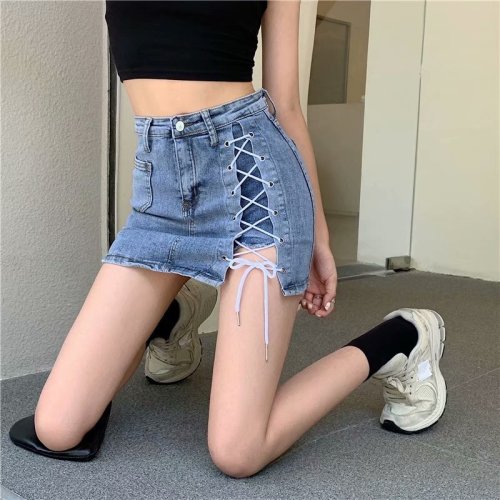 Real photo  new bandage denim skirt skirt skirt women's summer high waist A-line split hip chic skirt