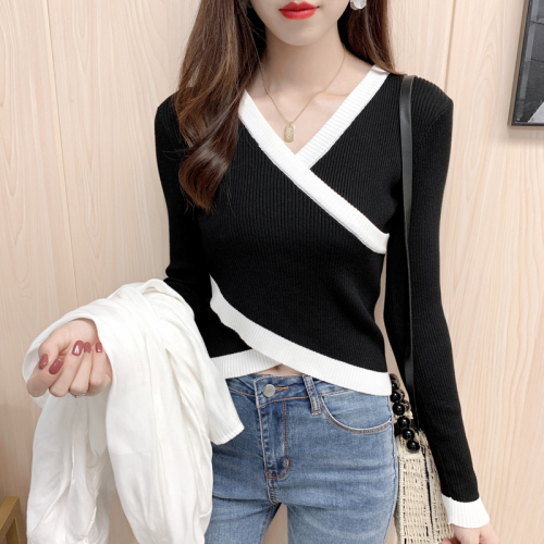 Cross necked irregular sweater for women to wear new spring and autumn Short Knitwear top long sleeve bottom coat