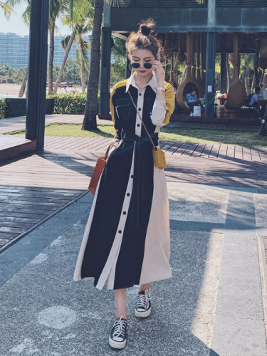 Stitching French long sleeve shirt dress early autumn 2021 new waist slim design