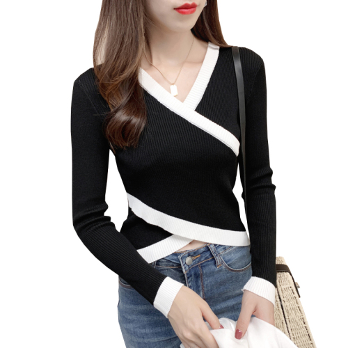 Cross necked irregular sweater for women to wear new spring and autumn Short Knitwear top long sleeve bottom coat