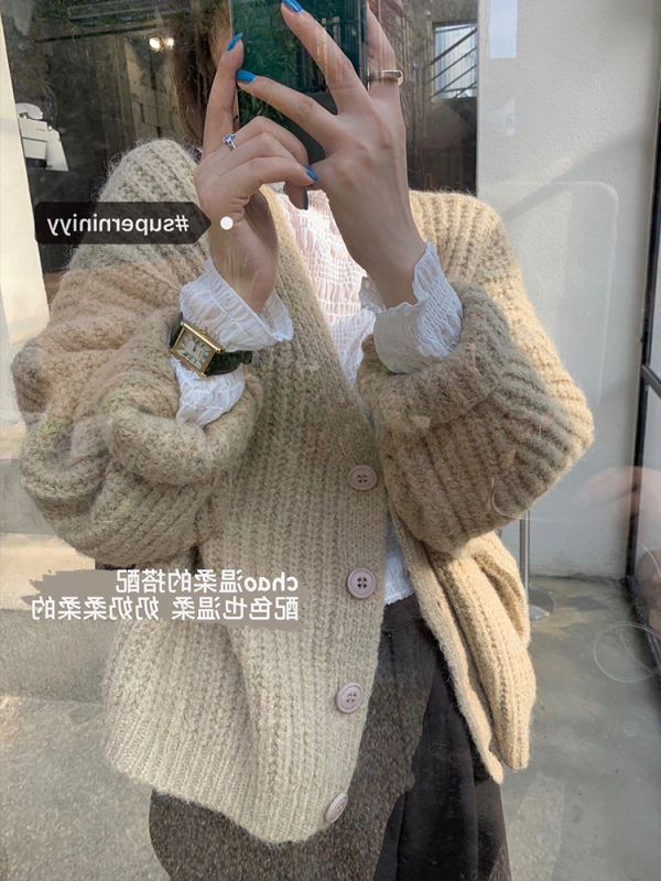 Autumn new women's Korean retro lazy style pure color Mohair knitted sweater cardigan coat