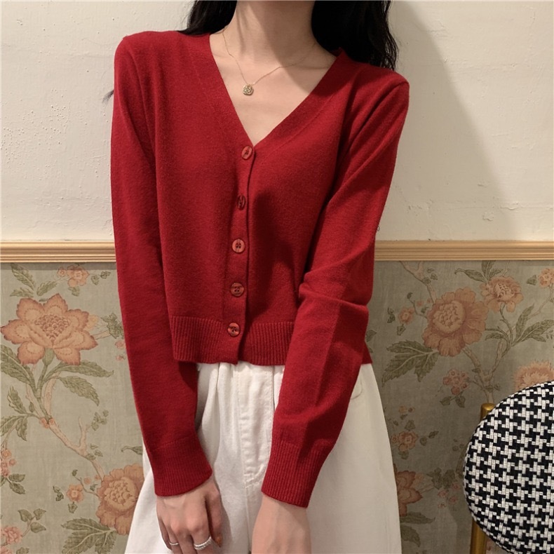 Spring and autumn V-neck with cardigan, thin, loose and versatile knitwear, short long sleeve top, women's coat