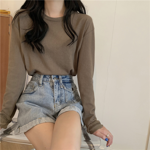 Real price solid color loose lazy versatile long sleeve T-shirt blouse