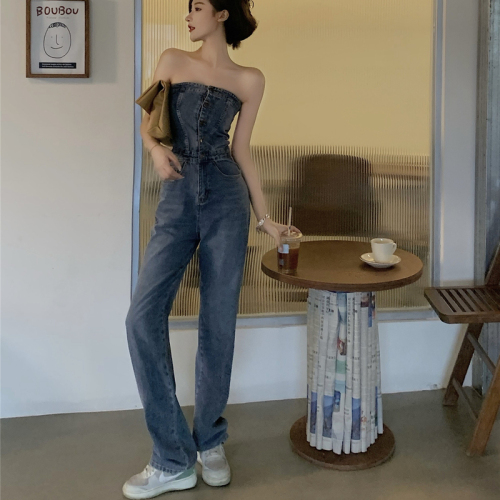 Real shot real price Korean off shoulder single breasted high waist sexy casual Jumpsuit
