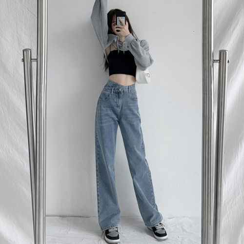 Real shot retro light blue high waist design cross waisted jeans women's slim straight pants drooping floor pants