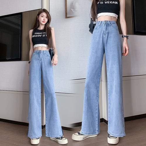 Real shot shows thin and fashionable temperament floor dragging jeans women's straight tube loose net red broad leg star same style atmospheric light blue