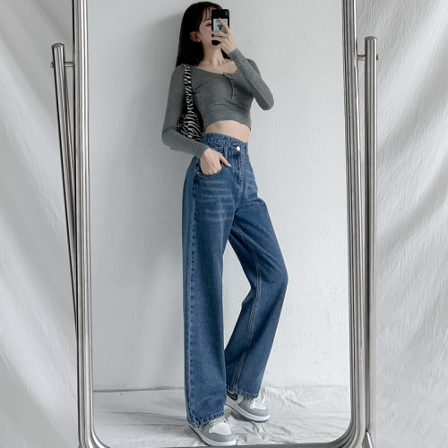 Real shot retro light blue high waist design cross waisted jeans women's slim straight pants drooping floor pants