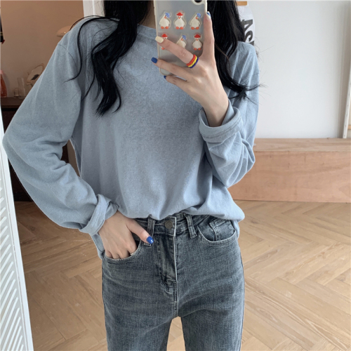 Real price solid color loose lazy versatile long sleeve T-shirt blouse