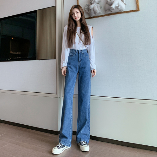 Real shot shows thin and fashionable temperament floor dragging jeans women's straight tube loose net red broad leg star same style atmospheric light blue