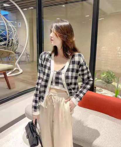 Korean retro sexy Plaid knitted suspender Vest + Plaid knitted coat two piece suit in autumn and winter 2021