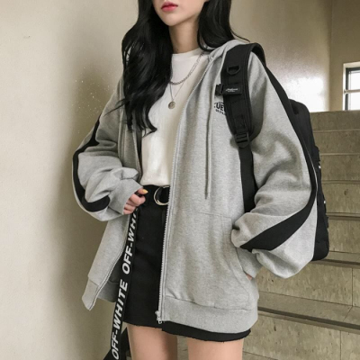 Thin spring and autumn original night style sweater women's hooded cardigan student sports long sleeve coat grey top