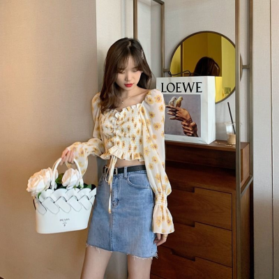 Net red French Open navel floral top one shoulder chiffon shirt Lantern Sleeve new autumn short one neck