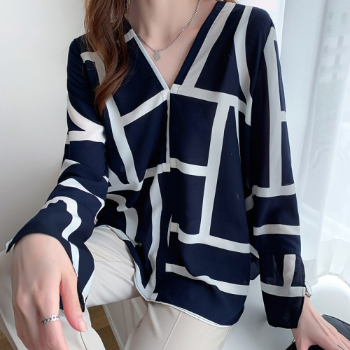 New women's autumn collar top women's design sense of minority print long sleeve small shirt foreign style shirt