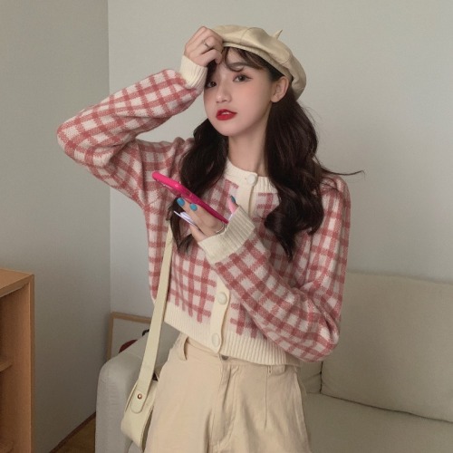 Plaid sweater coat women's autumn fashion versatile long sleeve knitted cardigan  new net red BM short temperament top