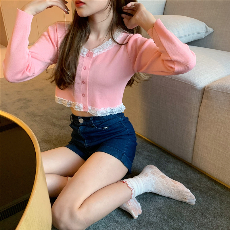 Real price lace round neck cardigan short long sleeve top
