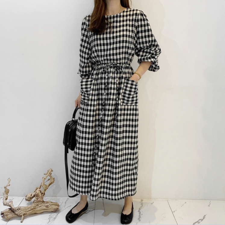 Crew neck drawcord loose slim pocket long skirt fashion waist Check Dress