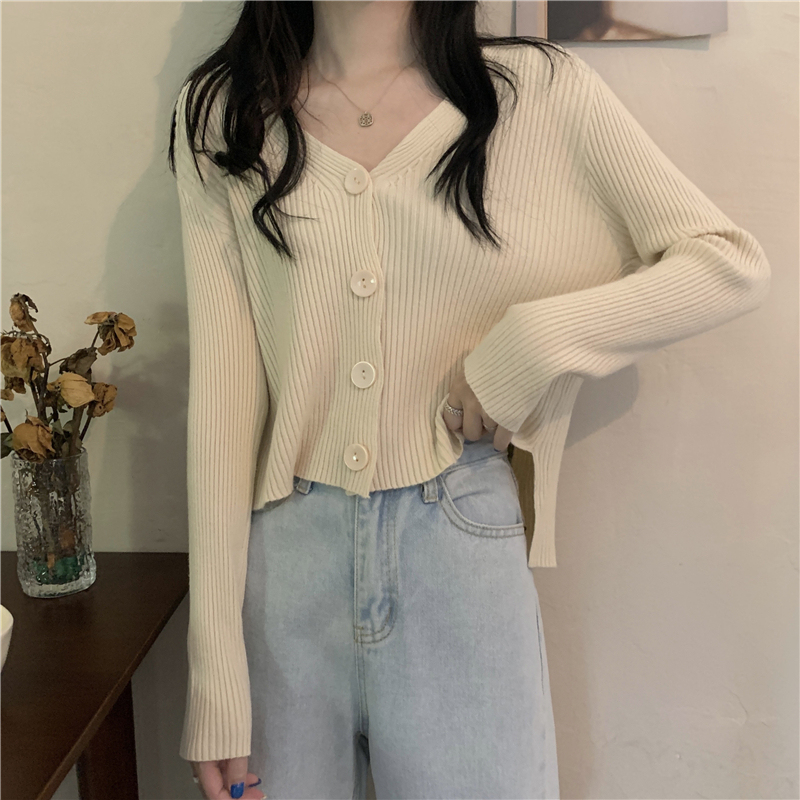 Real shooting and real price autumn new V-neck loose long sleeve front short back long knitted cardigan coat