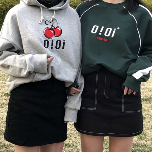 Korean early autumn embroidery lovely Cherry Pink Hoodie sweater women's Retro Girl College style