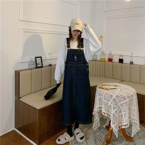 Real shooting autumn clothes age reducing cowboy strap skirt large size women's fat medium and long suspender dress kg